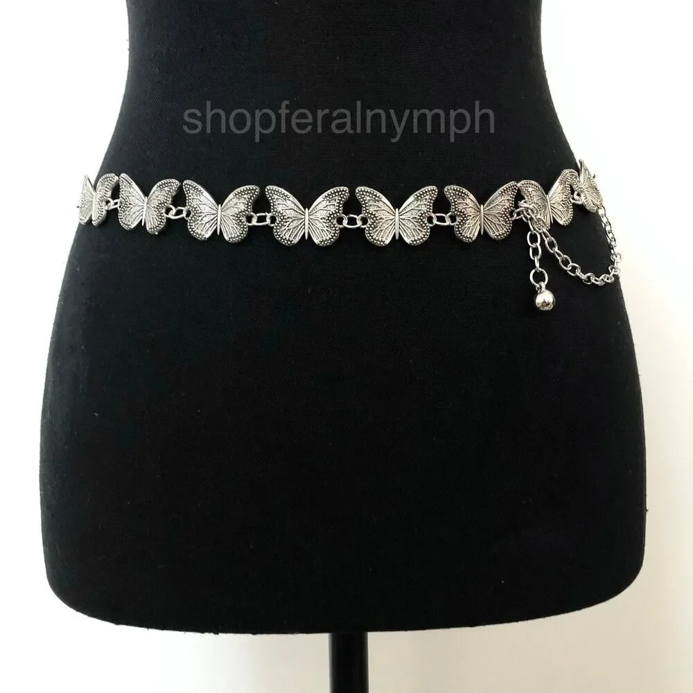 Vintage Y2K Silver Butterfly Chain Belt, Fits 12–36 Inches, X7GA1225